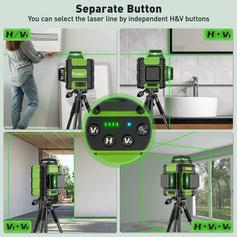 360 Degree Self Leveling Green Laser Level With Triple 360 Degree Cross Lines For Precise Room Layouts And Picture Hanging Rechargeable 4000mAh USB C Battery Magnetic Bracket And Hard Carry Case HM03CG in various setup scenarios including room layout and picture hanging.