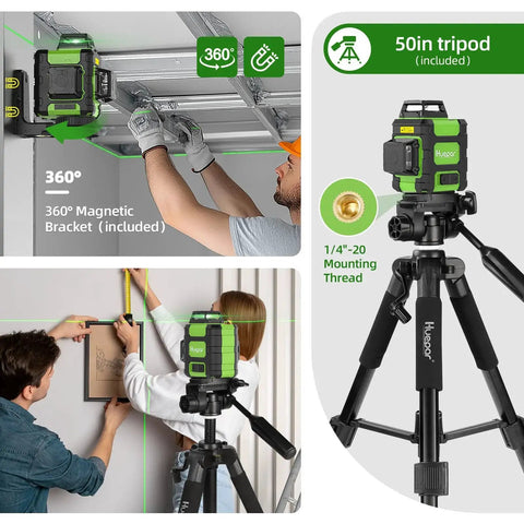 Achieve precise indoor and outdoor alignment with a 360° self-leveling laser level kit, featuring three 360 beams, a tall 50 inch tripod