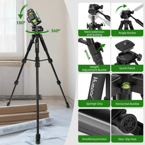 Achieve precise indoor and outdoor alignment with a 360° self-leveling laser level kit featuring 50 inch tall tripod and pulse mode.