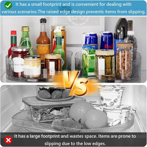 Comparison of 360 Degree Rotating Refrigerator Lazy Susan Turntable and traditional storage in fridge, showing space efficiency