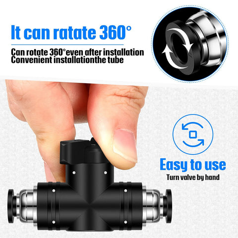Pneumatic ball valve, black body with push-to-connect 1/4 in OD fittings, hand-operated knob