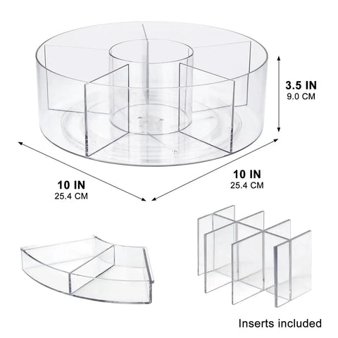 360 Degree Rotating Makeup Organizer Turntable for Vanity and Bathroom Counter, clear lazy susan with 6 divider inserts, 10x10x3.5 inches