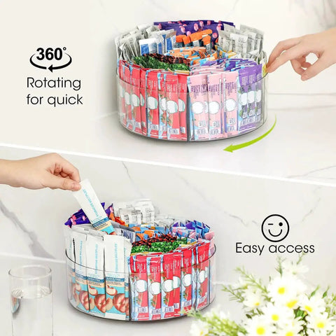 Extra Large Drink Packet Organizer With 360 Degree Rotating Lazy Susan Turntable Acrylic Pantry Organizer for kitchen use.