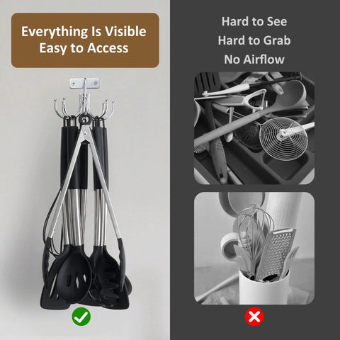 Kitchen Cooking Utensil Holder, 360° Rotating Kitchen Hooks for Hanging Utensils, Heavy Duty Metal Rack with 8 Storage Capacity
