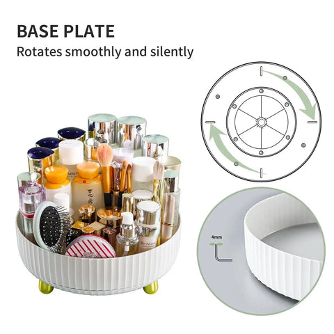 360 Degree Rotating Makeup And Perfume Organizer with Lazy Susan Display Tray, filled with cosmetics and jewelry, clear lids, base detail shown
