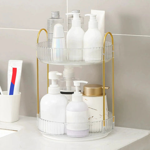360 Degree Rotating Makeup Organizer and Storage for Vanity and Countertop, two-tier design in clear white with cosmetics displayed.