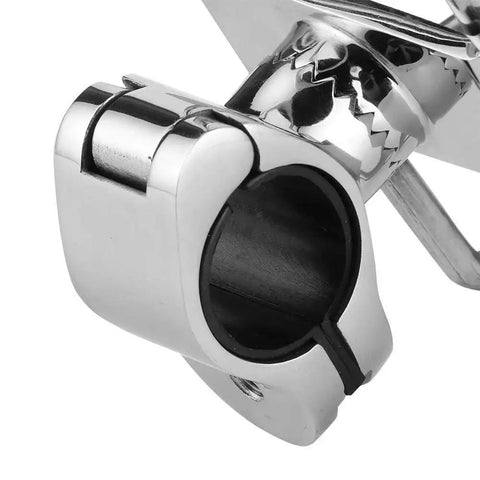 Close-up of stainless steel fishing rod rail mount clamp with locking mechanism for boats (32mm)