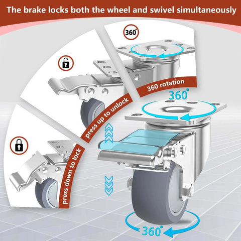 3 inch stainless steel caster wheels with brakes showing 360 rotation and locking mechanism for secure movement.