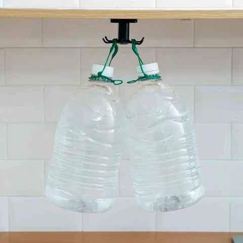2pcs Under Cabinet Kitchen Utensil Rack,360° Rotating Under Shelf Kitchen Utility Hooks,Adhesive Kitchen Utensil Tools Storage Holder,Black with two bottles hanging.
