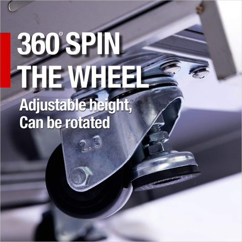 Close-up of a 360-degree swivel wheel with adjustable height, part of an 82 Inch Natural Gas Outdoor Kitchen Island with Grill.