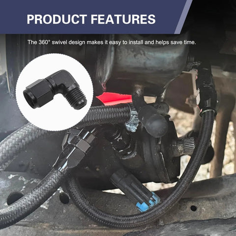 Two black aluminum WZP 6AN female to 3/8 barb 90° hose swivel fittings for fuel regulator lines