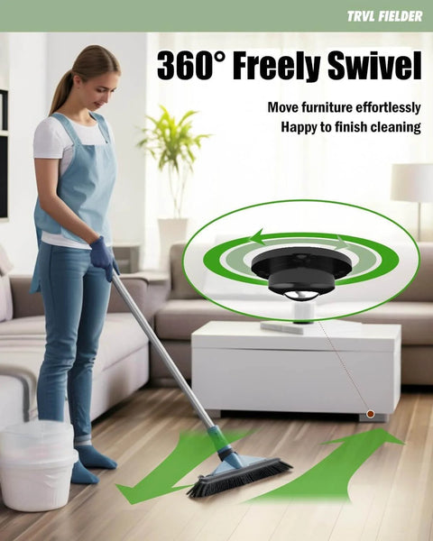 Woman using a mop with 360° swivel, demonstrating easy furniture movement and efficient cleaning in a living room.