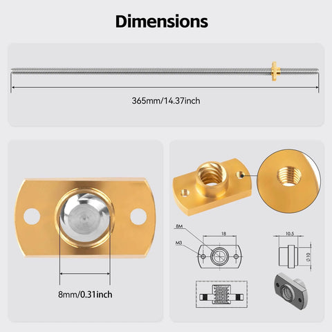 Dimensions of 365mm t8 z axis lead screw z rod stainless steel threaded rod with brass nut z-axis upgrade kit for 3D printers