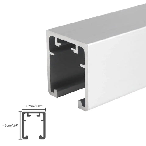 Close-up of aluminum rail for Free Sliding Bifold Door Hardware With Track 36 Inch Bi-Fold Closet Door Kit Smooth Quiet Operation Two Sets For Four Doors Doors Not Included Durable Steel Construction For Long Lasting Use Includes Track And Mounting Hardware.
