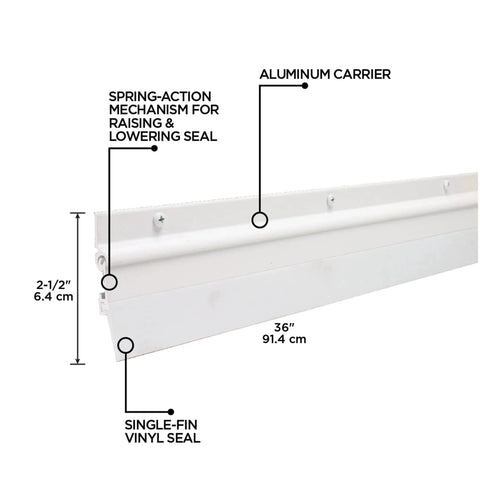 Side view of 36 in. White Aluminum and Vinyl Flex-O-Matic Screw-on Door Sweep with measurements and spring-action mechanism.