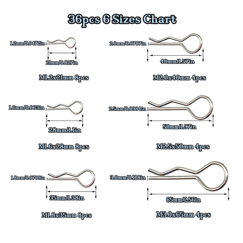 36pcs Cotter Pins size chart showing 6 sizes of spring fasteners for trailers, mowers, and trucks, including R clips hardware pins M1.2-M3