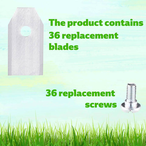 Lyreh 36pcs Replacement Blades for Segway Navimow with screws, featuring stainless steel blade and screw against green background