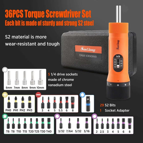 36Pcs Torque Screwdriver Wrench Driver Set with 29 S2 Bits and 5 Drive Sockets displayed next to socket adapter.