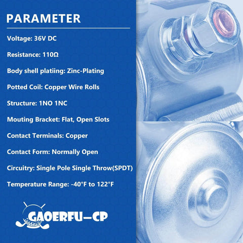 Close-up of 36 Volt Four Terminal Solenoid Relay For EZGO TXT And Marathon Golf Carts 1980 To 2010 Replacement OEM Parts