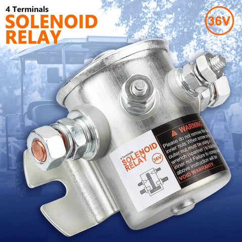 36 Volt Four Terminal Solenoid Relay For EZGO TXT And Marathon Golf Carts 1980 To 2010 Replacement OEM Parts with warning label