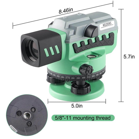 Professional automatic optical level with 36x magnification and 36mm aperture, shown with dimensions and mounting thread detail.