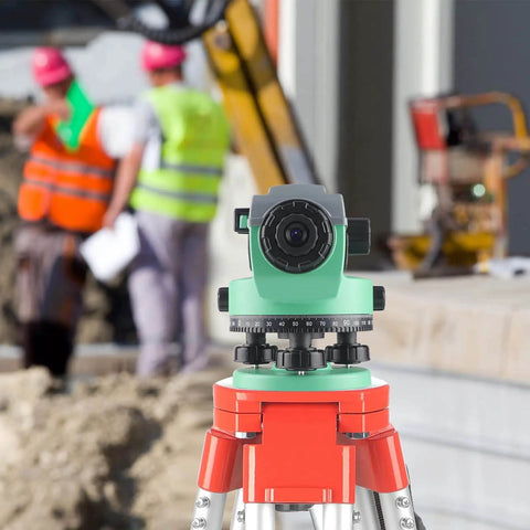 Professional automatic optical level with 36x magnification on tripod at construction site