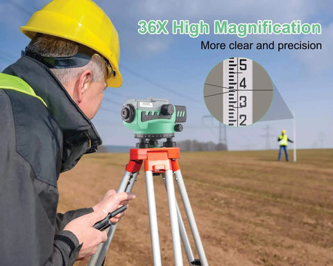 Professional automatic optical level with 36x magnification on tripod in field for accurate measurements