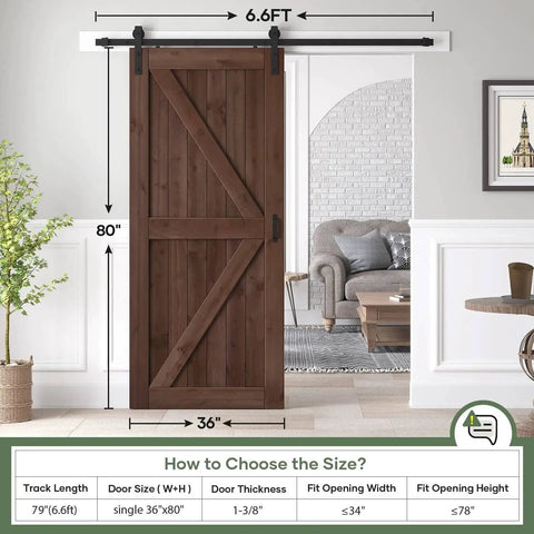 36x80 Inch Sliding Barn Wood Door Slab With 6.6ft Hardware Kit And Handle in Coffee Finish installed in home interior.