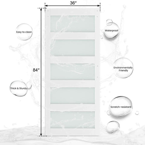 36 x 84 in Glass Barn Door with 6.6FT Sliding Hardware Kit & Handle, Pre-Drilled Ready to Assemble, Waterproof PVC Coating, White, 5-Panel Glass