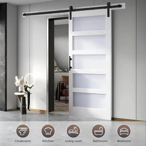 36in x 84in Glass Sliding MDF Barn Door with 6.6FT Sliding Door Hardware Kit, 5 Tempered Frosted Glass, shown installed in living room