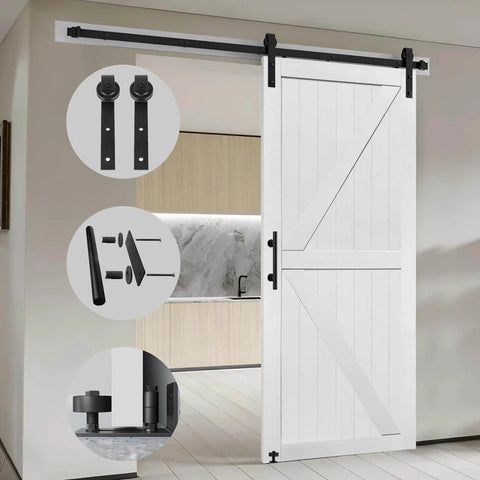 36in x 84in MDF Barn Door with 6.6FT Sliding Hardware Kit, Solid Barn Door Slab Covered with Water-Proof PVC Surface installed in a room