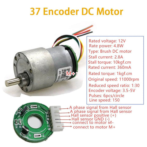 37 Encoder DC Motor with specifications and connections, 12V rated voltage, for robotics projects and motor control.