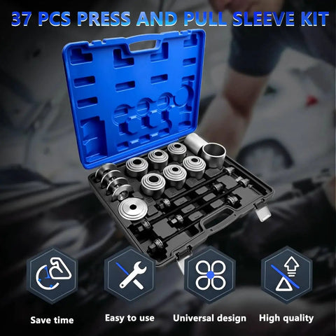 Universal Bearing And Bushing Removal And Installation Kit with open case showing 37-piece set for cars and light vehicles