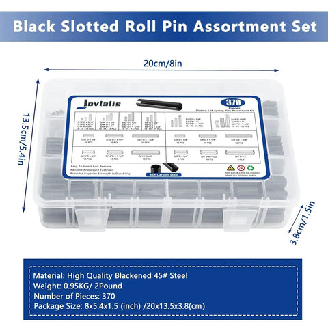 370 Piece Roll Pin Assortment Set For SAE Slotted Spring Pins, Heavy Duty Steel Hollow Dowel Pins labeled kit in plastic case