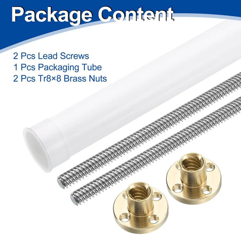 2pcs 370mm tr8x4 lead screw with brass nut, acme thread, 304 stainless steel packaging tube, printer upgrade parts