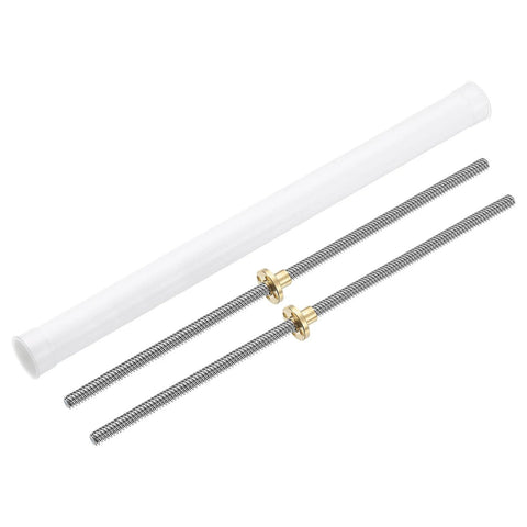 2pcs 370mm tr8x4 lead screw with brass nut, acme thread, 2mm pitch, 2 starts, 4mm lead, 304 stainless steel, plastic tube, printer upgrade parts