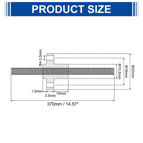 Diagram showing dimensions of ✝️ 2pcs 370mm tr8x4 lead screw with brass nut, 2mm pitch, 304 stainless steel screw bar, 370mm length.