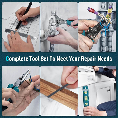 Collage of 379-Piece Home Tool Kit With Portable Drawer Case For Household And Auto Repairs showing various tools in use.