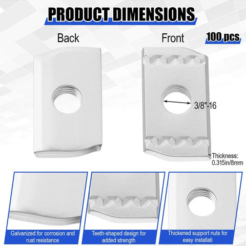 Durable 3/8 inch 16 thread strut channel nuts with zinc plating offer corrosion resistance and reliable, secure fittings front and back view.