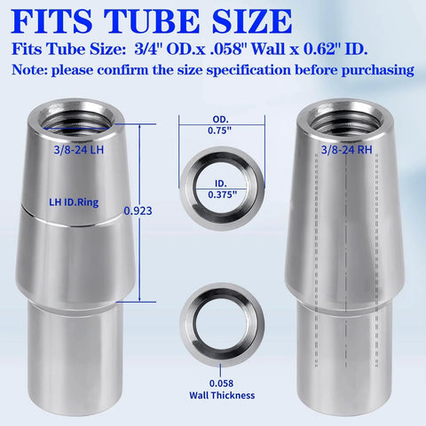 Diagram of 3/8 x 3/8-24 Heim Joint Rod End Kit with RH & LH Threads, Chromoly Joints showing tube size fit and dimensions
