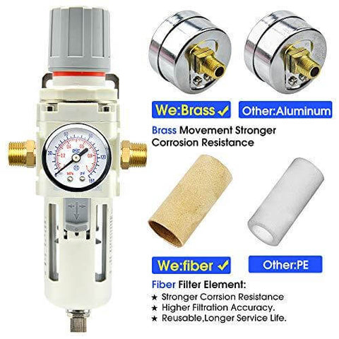 3/8" NPT Air Filter Pressure Regulator Combo Piggyback, Air Tool Compressor Filter - Gauge AW3000-03