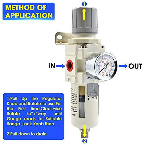 3/8" NPT Air Filter Pressure Regulator Combo Piggyback, Air Tool Compressor Filter - Gauge AW3000-03