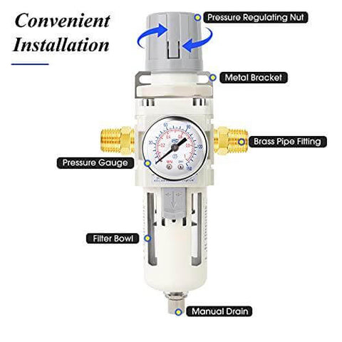 3/8" NPT Air Filter Pressure Regulator Combo Piggyback, Air Tool Compressor Filter - Gauge AW3000-03