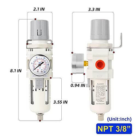 3/8" NPT Air Filter Pressure Regulator Combo Piggyback, Air Tool Compressor Filter - Gauge AW3000-03