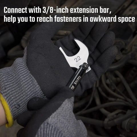 Gloved hands holding a crowfoot wrench with extension bar, showing Three Eighths Inch Drive Crowfoot Wrench Set With Two Extension Bars SAE and Metric.