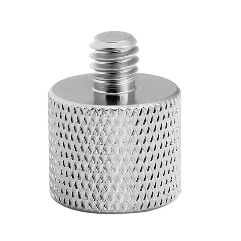 3/8 Inch Female To 1/4 Inch Male Thread Adapter in nickel-plated brass for camera monitors, microphones, stands, and tripods, front view
