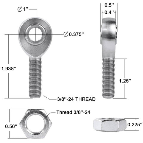 3/8 inch Heim Joint Rod End Kit schematic with dimensions, showing chromoly panhard rod ends, right-left hand threads, tube adapters, jam nuts