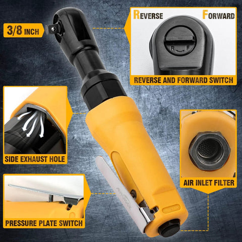 3/8-Inch Air Ratchet Wrench, Professional Pneumatic Ratchet Wrenches for Auto Maintenance, side exhaust hole, switch, filter detail.