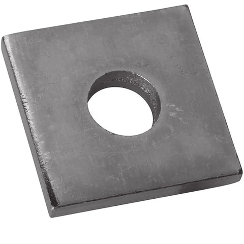 Close-up of a 3/8 inch square washer for strut channel in an electro-galvanized finish, part of a 5-pack spacer set for electrical installs.