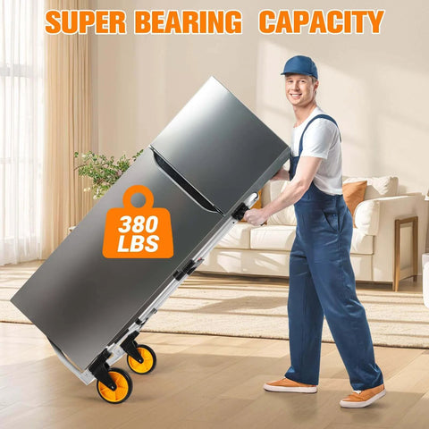 Man using ✝️ 380 LB Capacity Folding Hand Truck Heavy Duty Foldable Dolly Cart with Wheels in living room, moving a large fridge.